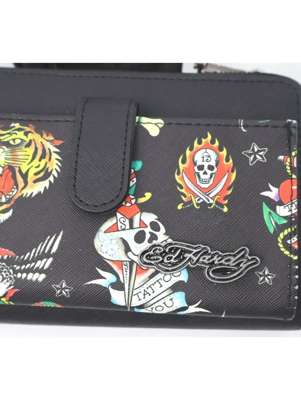 Ed Hardy Black Tattoo Print Crossbody Wallet with Adjustable Strap
